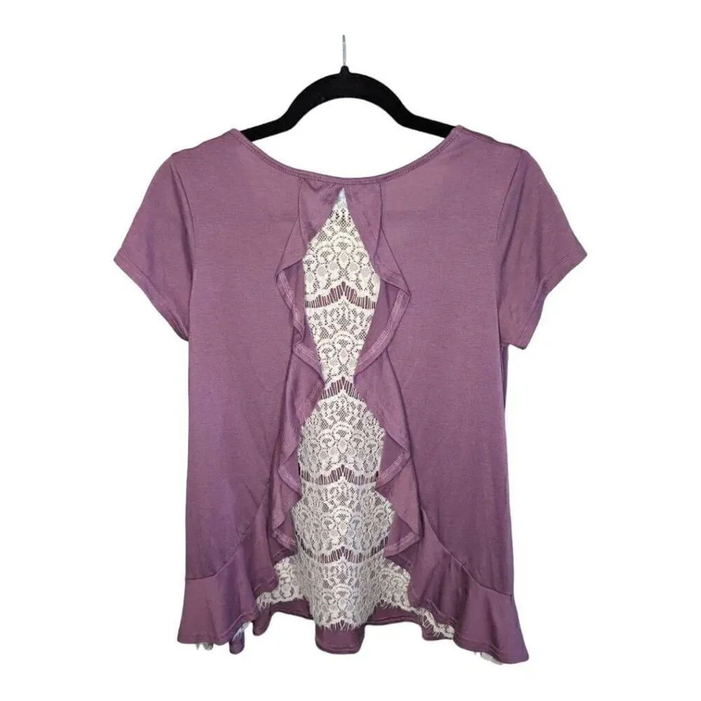 She + Sky Knit Ruffle Lace Lined Insert Back Short Sleeves Women's Size Small - Picture 2 of 5